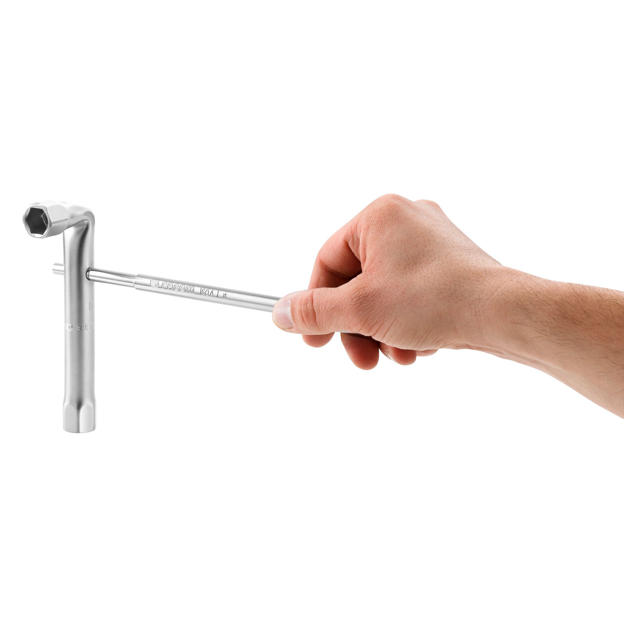 Facom 92A_21 photography of a chrome hex socket wrench held by hand, side view.